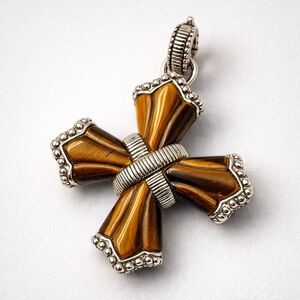 Judith Ripka Sterling Silver Tiger Eye Maltese Cross Pendant Designer Enhancer